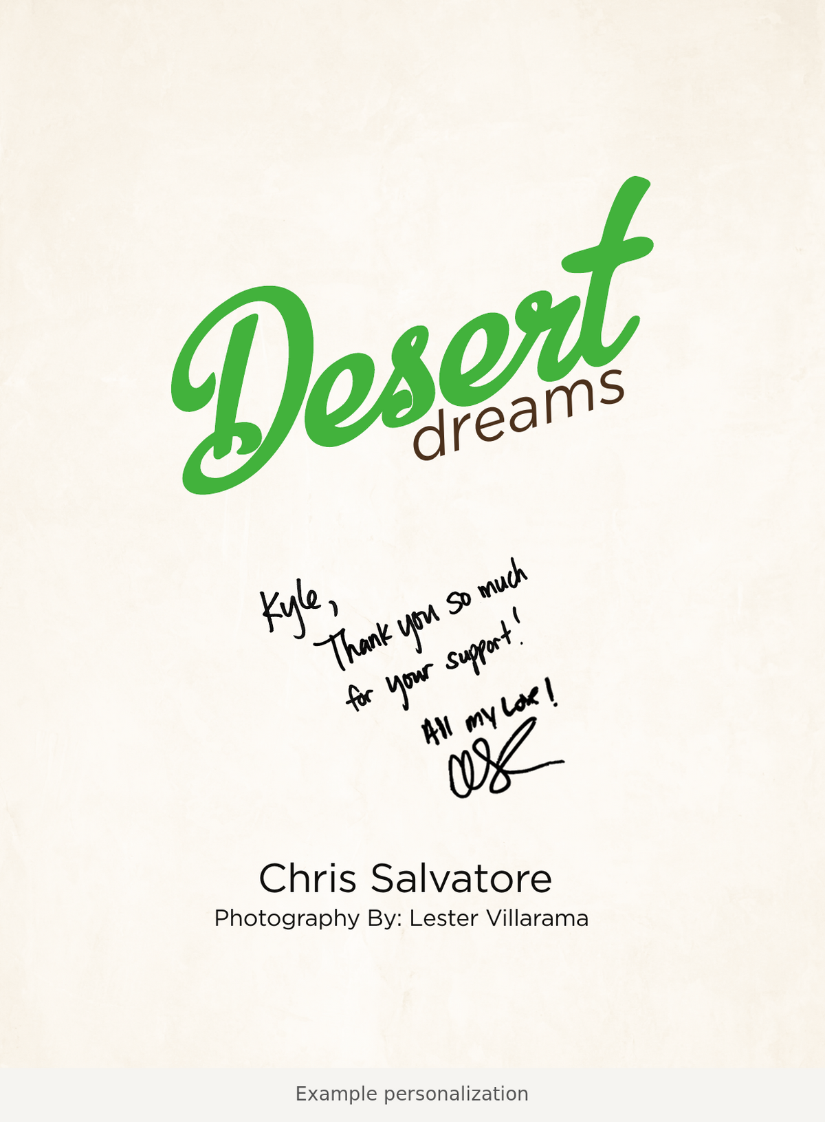 Example personalization and autograph on the inside title page of Desert Dreams